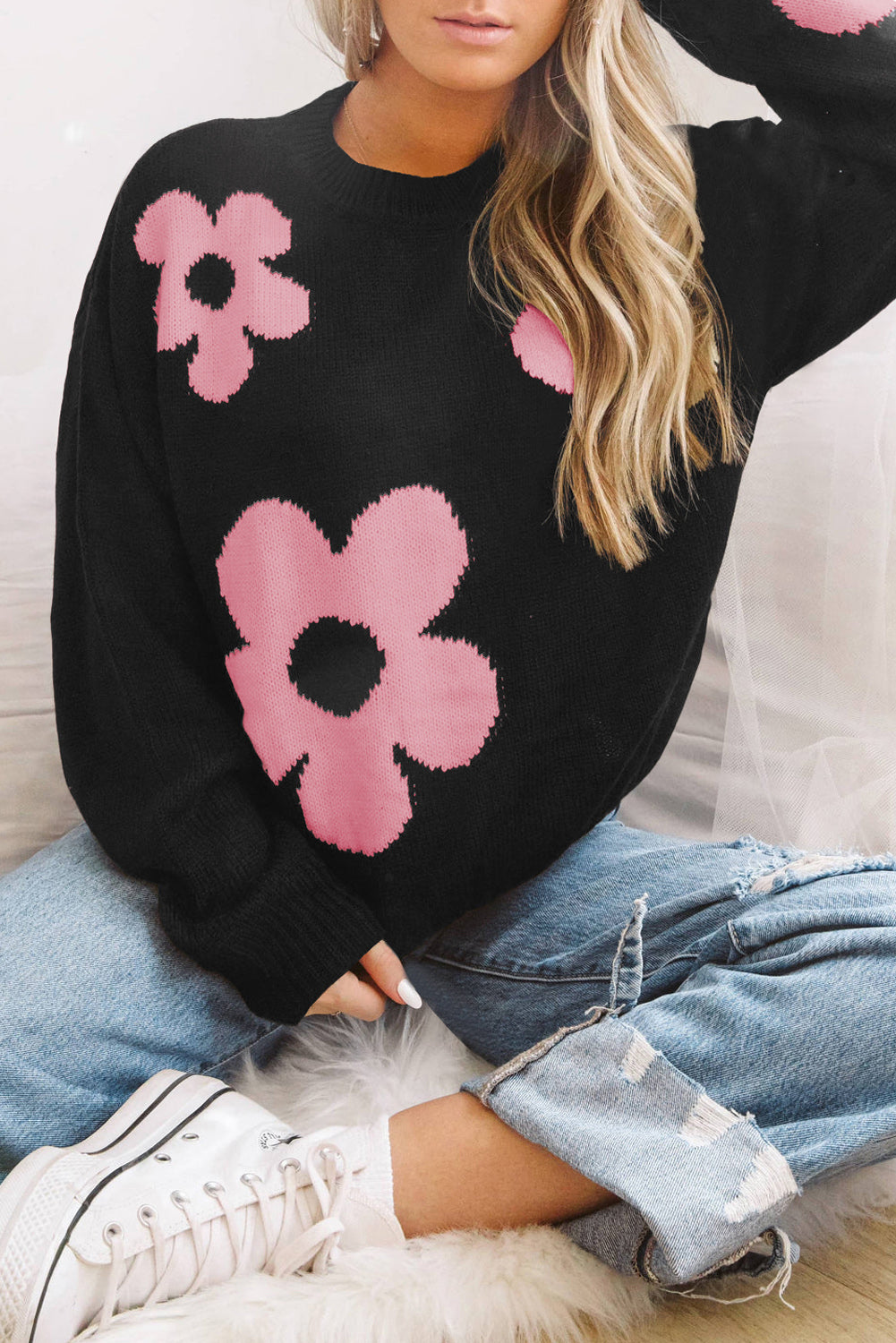 Stilla | Hals Blomstermønster Farve Kontrast Design Langærmet Sweater
