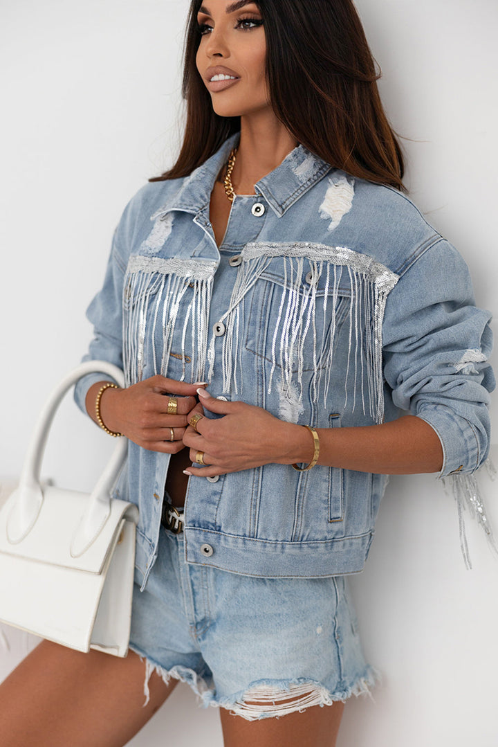 Stilla | Frynse trim distressed knap-up denimjakke
