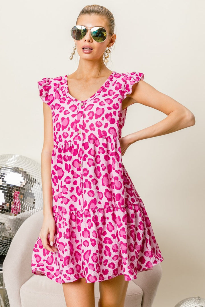 Stilla | Leopard Kappe Ærmel Lagdelt Mini Kjole