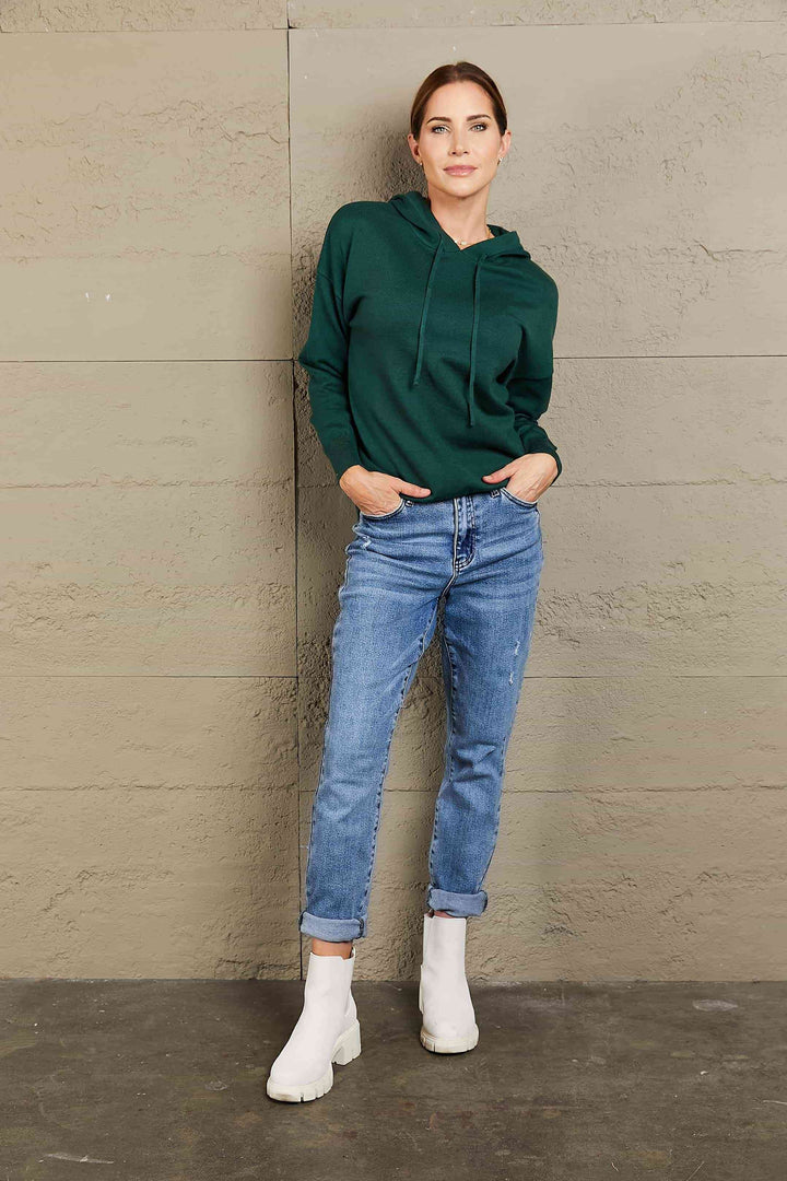 Stilla | Right Dropped Shoulder Drawstring Hooded Knit Top