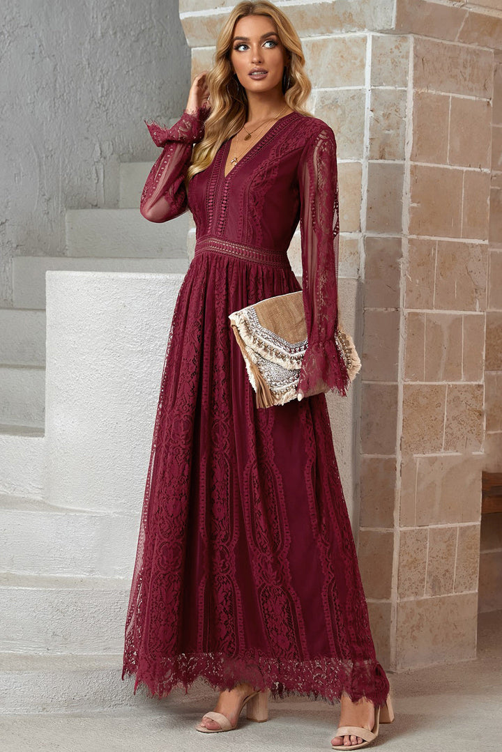 Stilla | Hem Flounce Ærme Blonde V-Hals Maxi Kjole