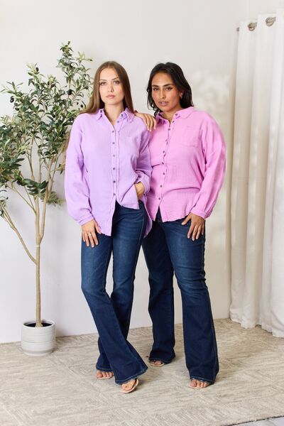 Stilla | Ful Size Texture Button up Raw Hem Langærmet Skjorte