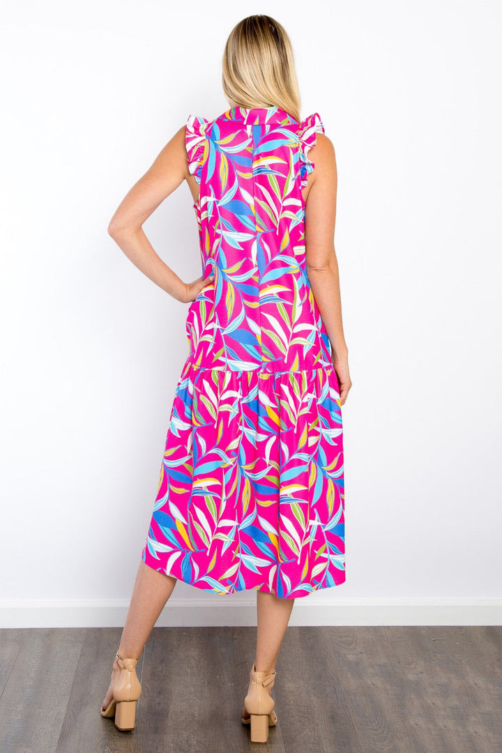 Stilla | Stage Print Ruffled Midi Kjole Med Lommer