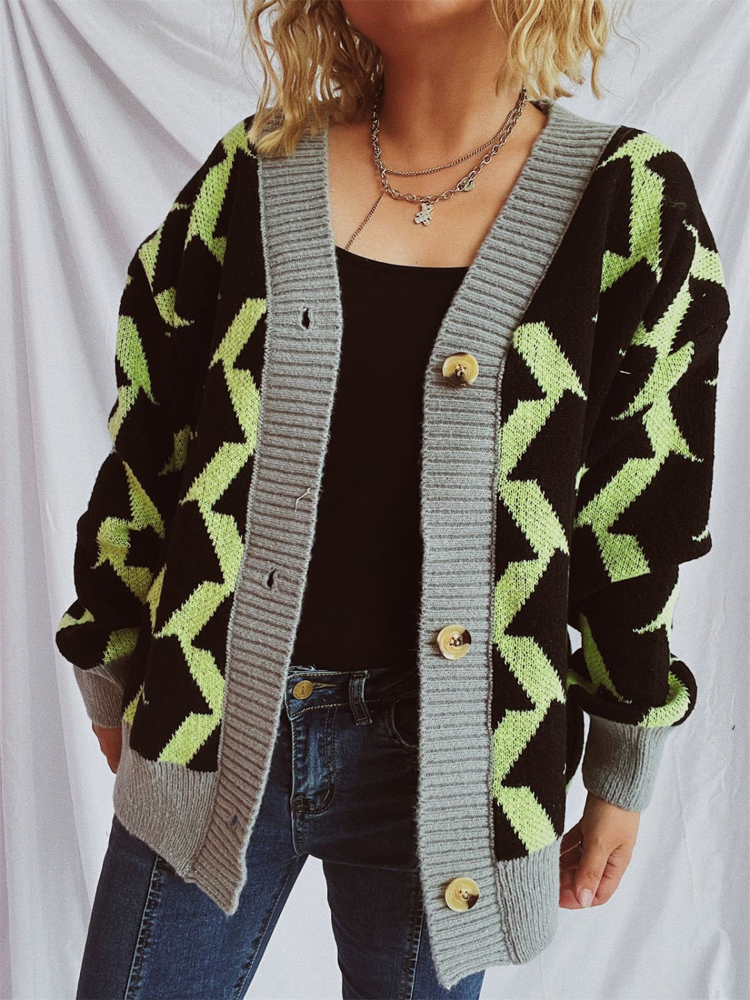 Stilla | Trim Geometrisk V-hals Langærmet Cardigan