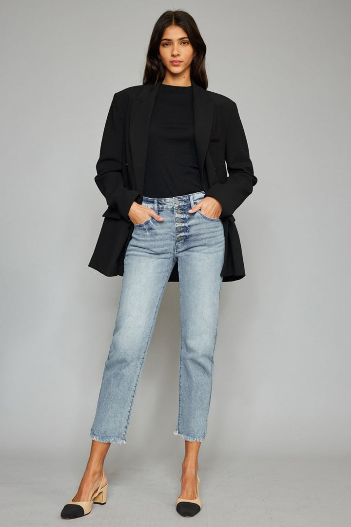 Stilla | Høj Talje Knap Lukning Rå Kant Cropped Straight Jeans