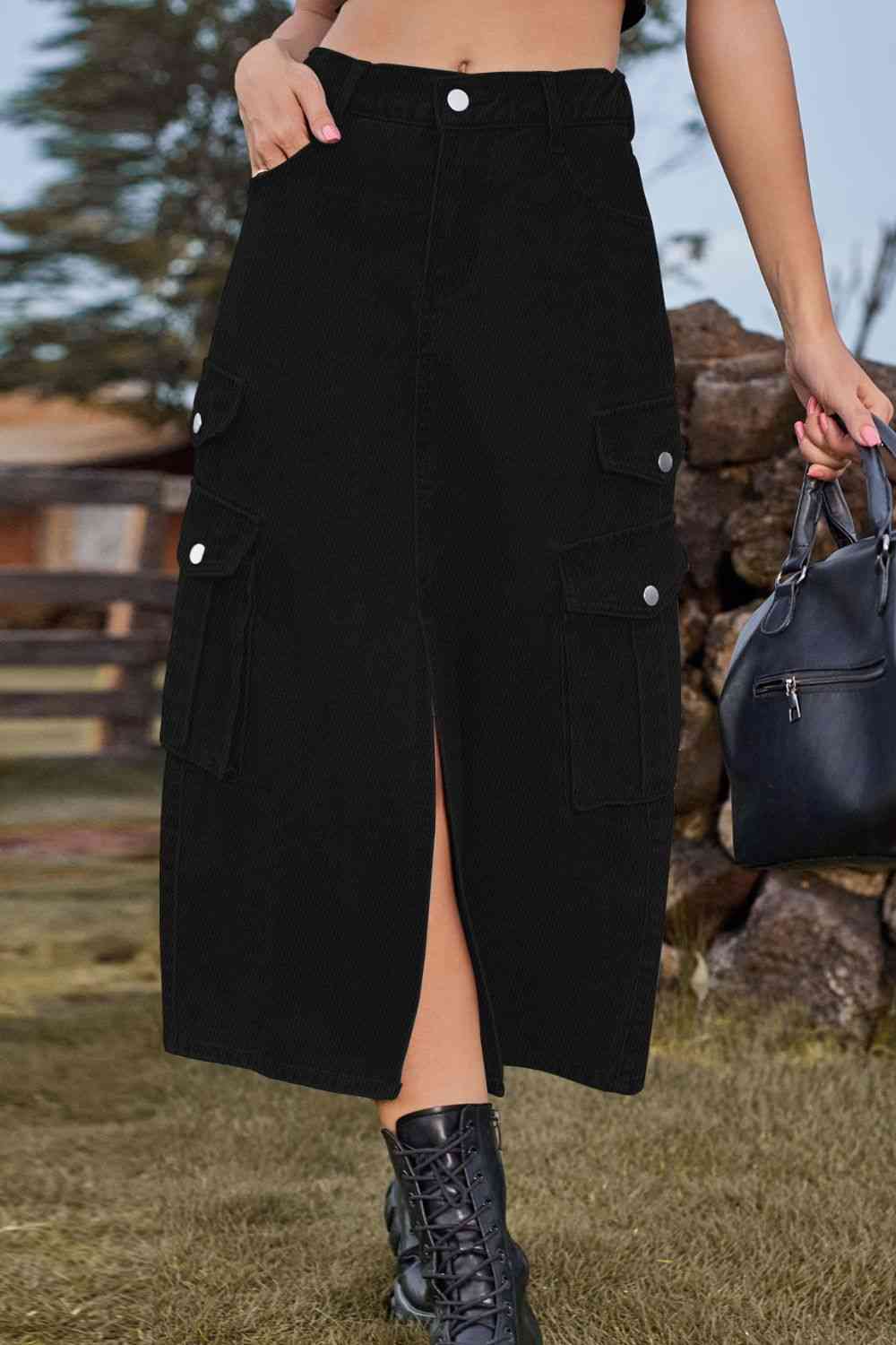 Stilla | Front Midi Denim Skirt Med Lommer