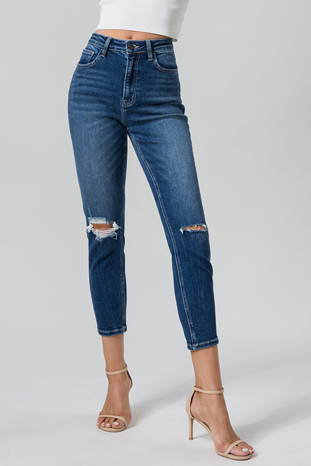 Stilla | Full Size Høj Talje Distressed Vasket Cropped Mom Jeans