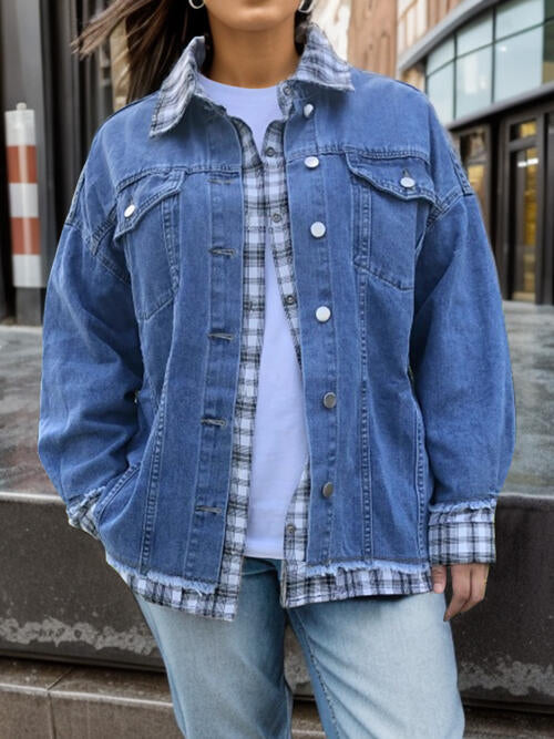 Stilla | Størrelse Plaid Krave Hals Raw Hem Denim Jakke