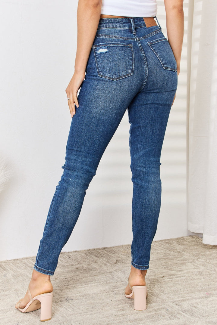 Stilla | Blå Full Size Mid Waist Distressed Slim Jeans