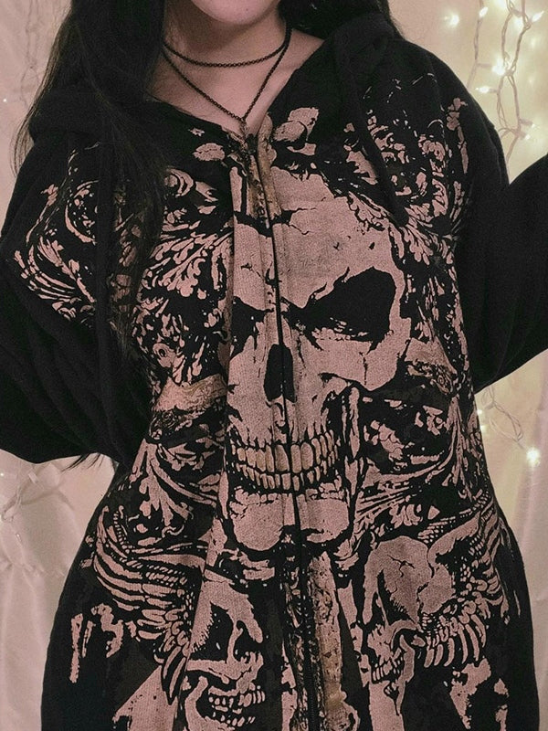 Stilla | Vintage Dødningehovedprint Oversized Hoodie med Lynlås
