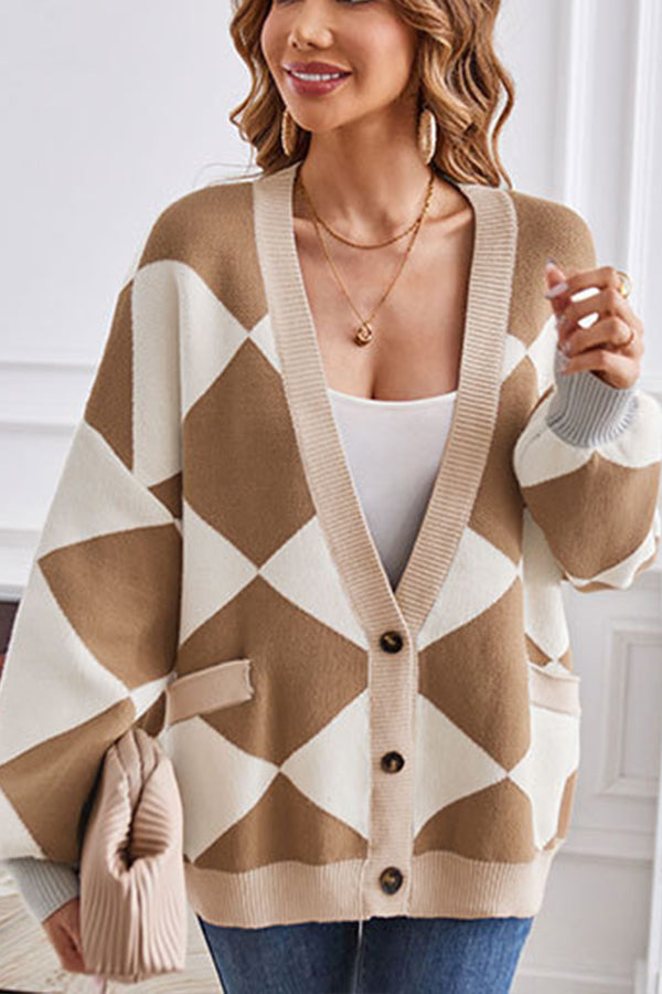 Stilla | Hals geometrisk patchwork kontraststrik cardigan casual løs jakke