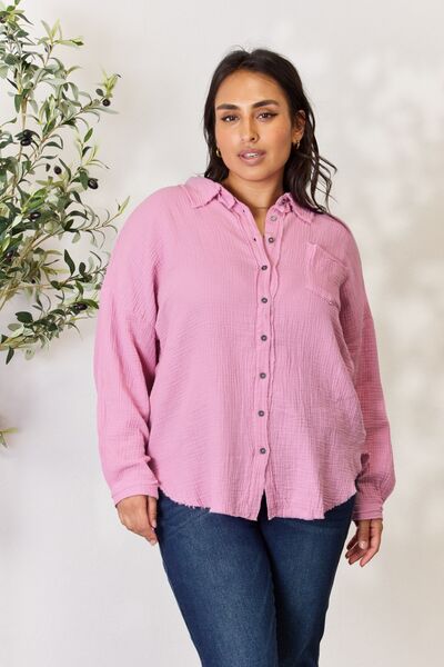 Stilla | Ful Size Texture Button up Raw Hem Langærmet Skjorte