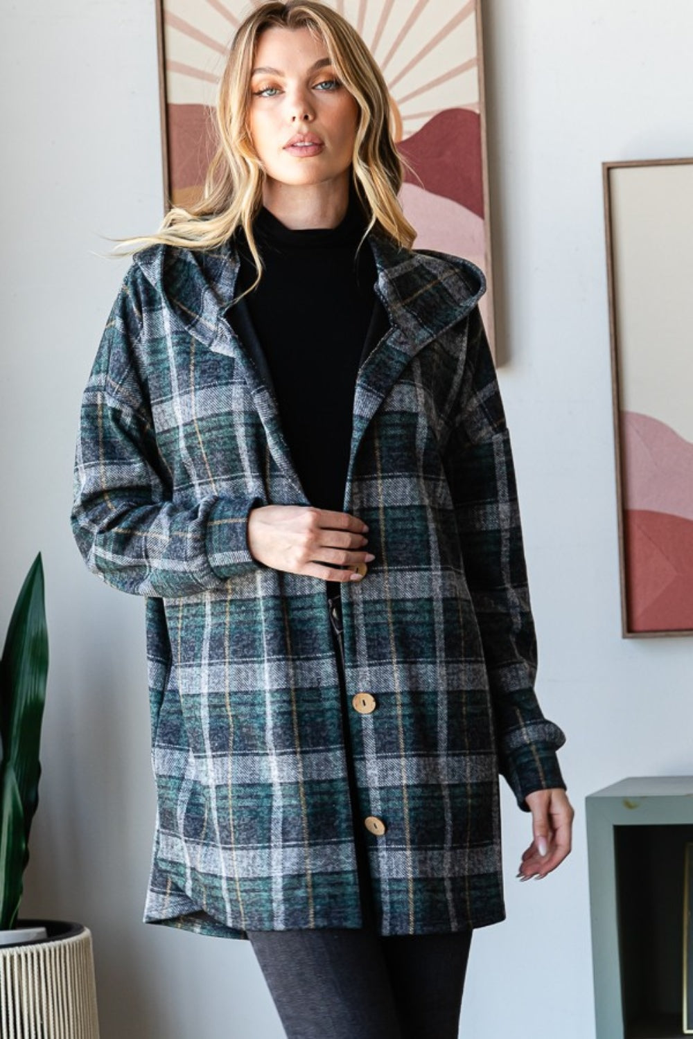 Stilla | Checks Heimish Hoodie Strikjakke Med Knapper og Lange Ærmer