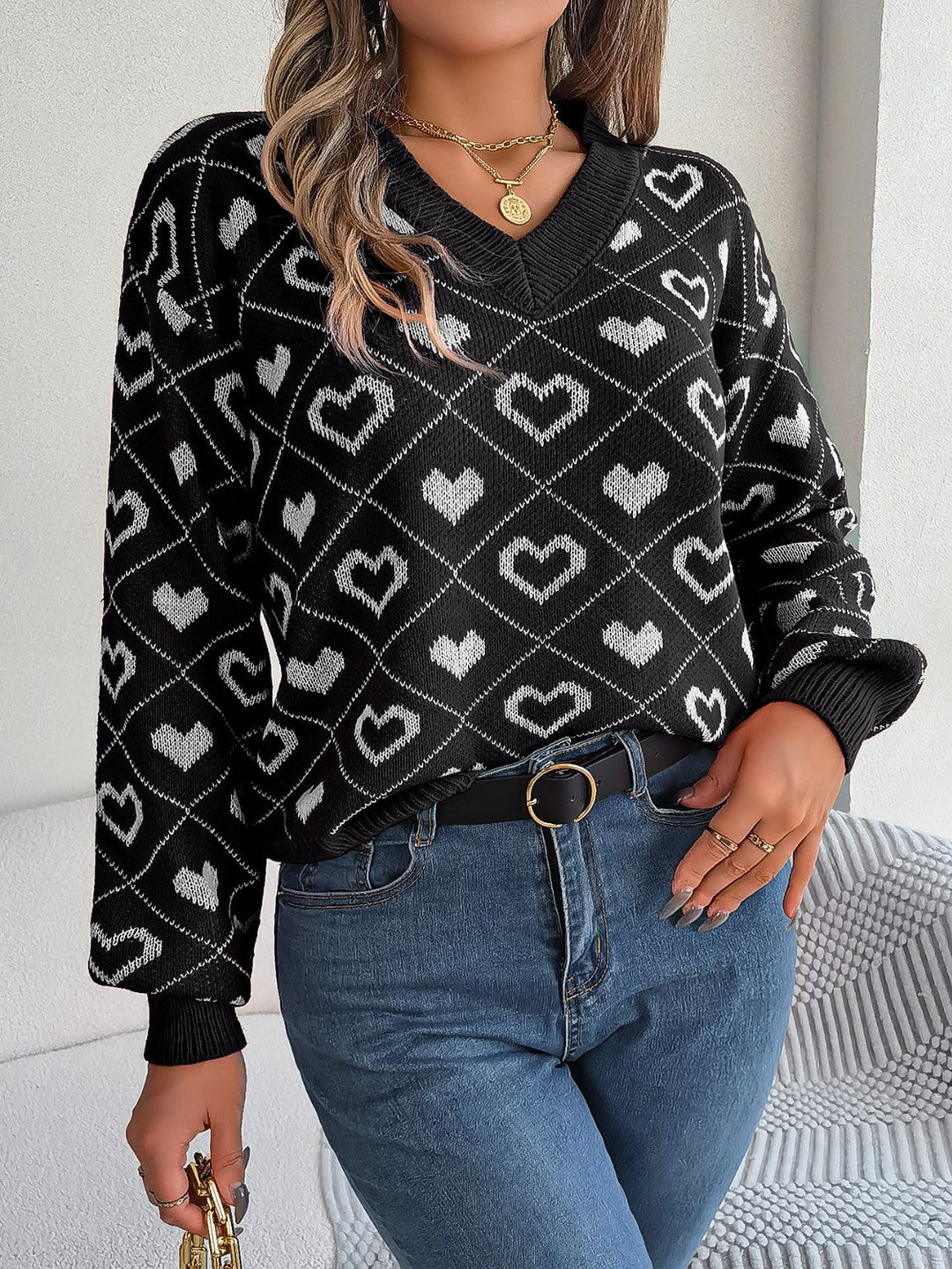 Stilla | Mønstret V-Hals Langærmet Sweater