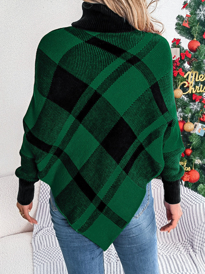 Stilla | Rullekrave sweater med ternet mønster og flagermusærmer