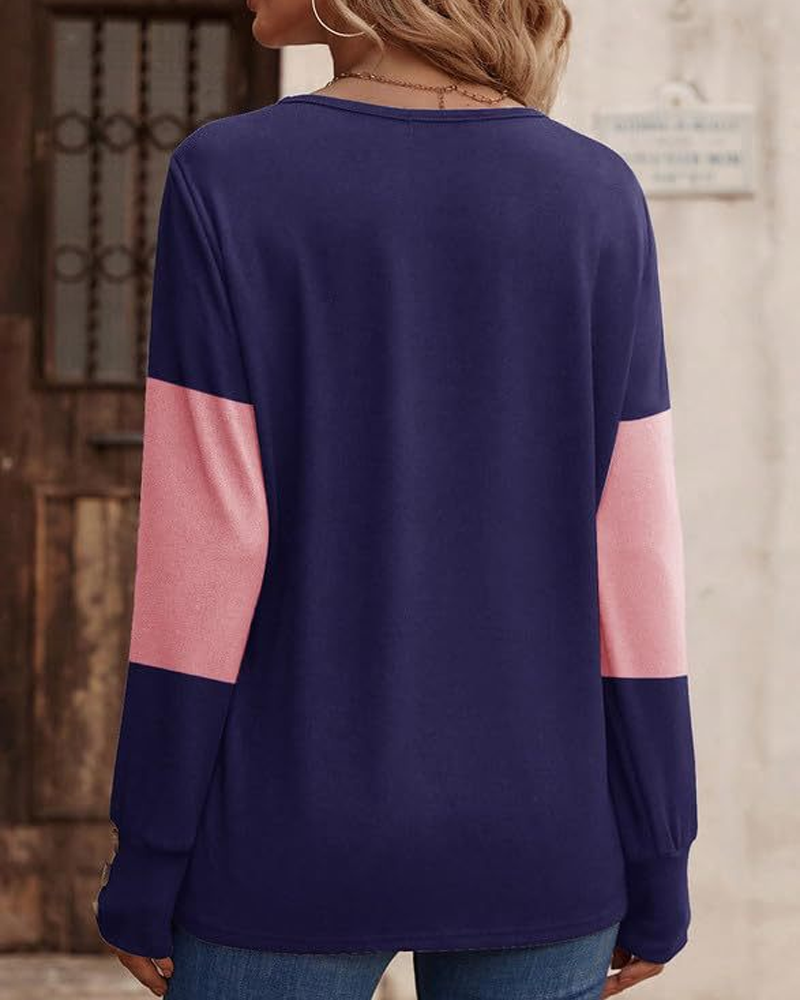 Stilla | Shirt Dame Colorblock Tryk Knap Deko Faldende Skulder