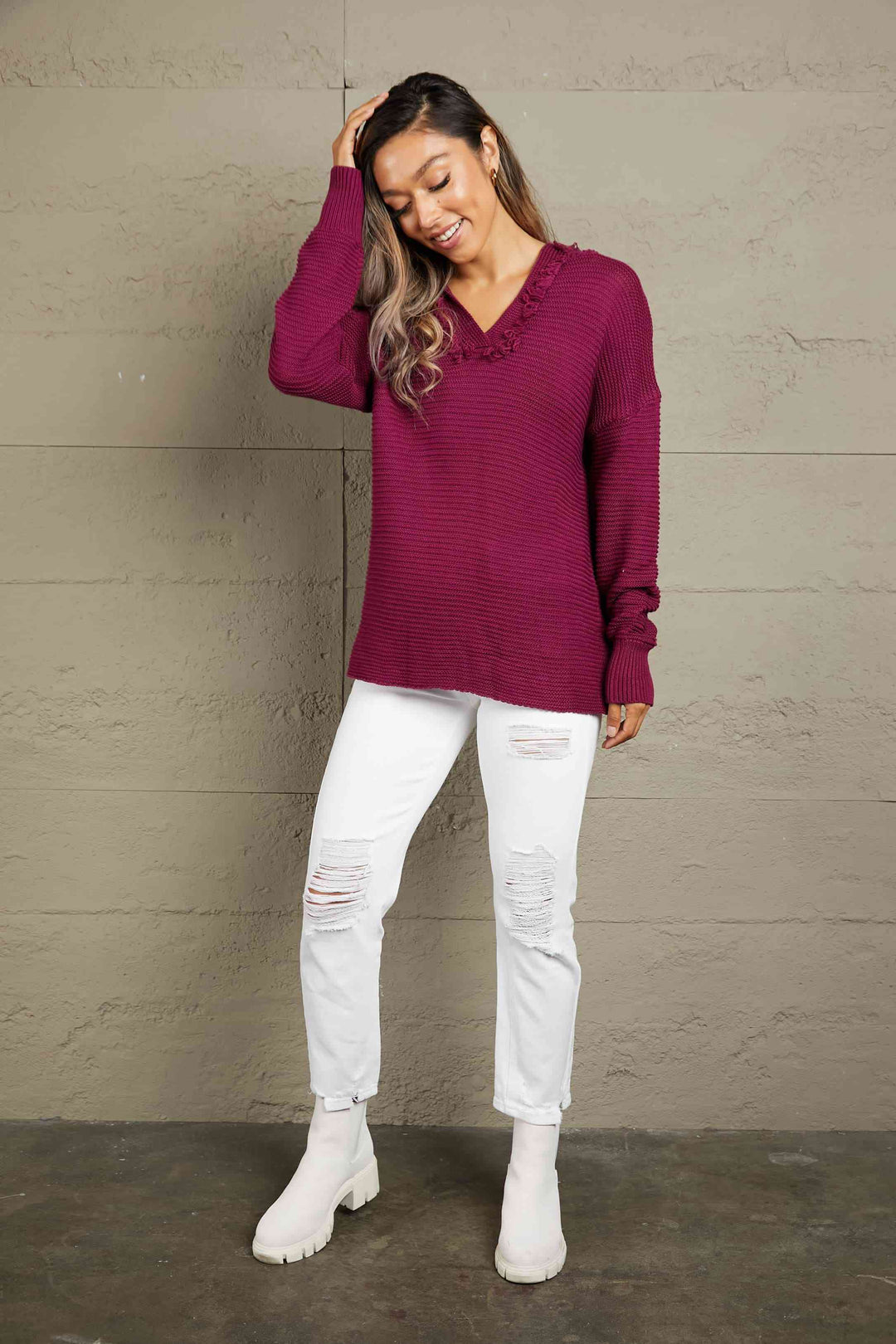 Stilla | Højre Vandret Ribbet Frynse Trim Hætte Sweater