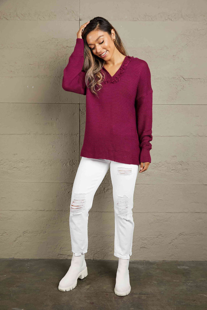 Stilla | Højre Vandret Ribbet Frynse Trim Hætte Sweater
