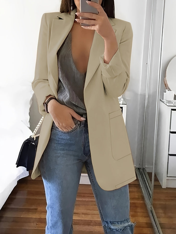 Stilla | Elegant Erhverv-Enfarvet Lang Blazer med Revers ideel til alle årstider