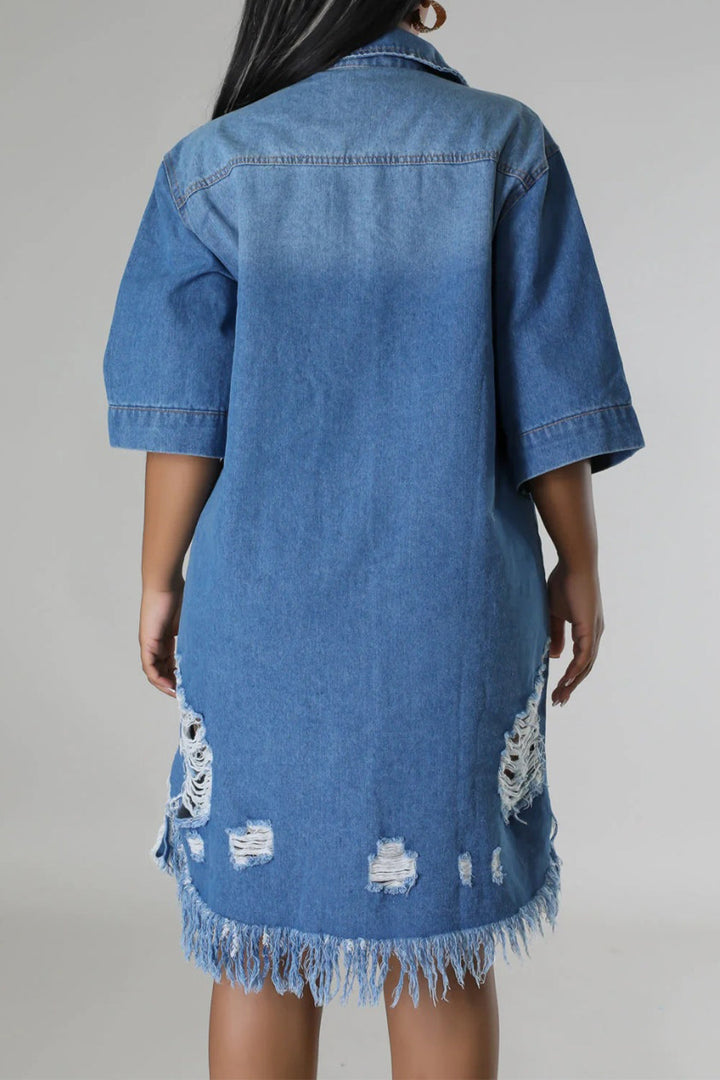 Stilla | Raw Hem Button Up Denim Kjole