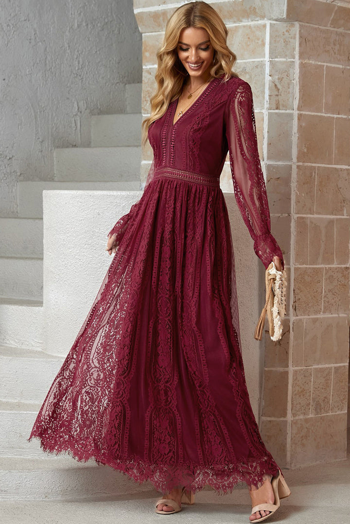 Stilla | Hem Flounce Ærme Blonde V-Hals Maxi Kjole