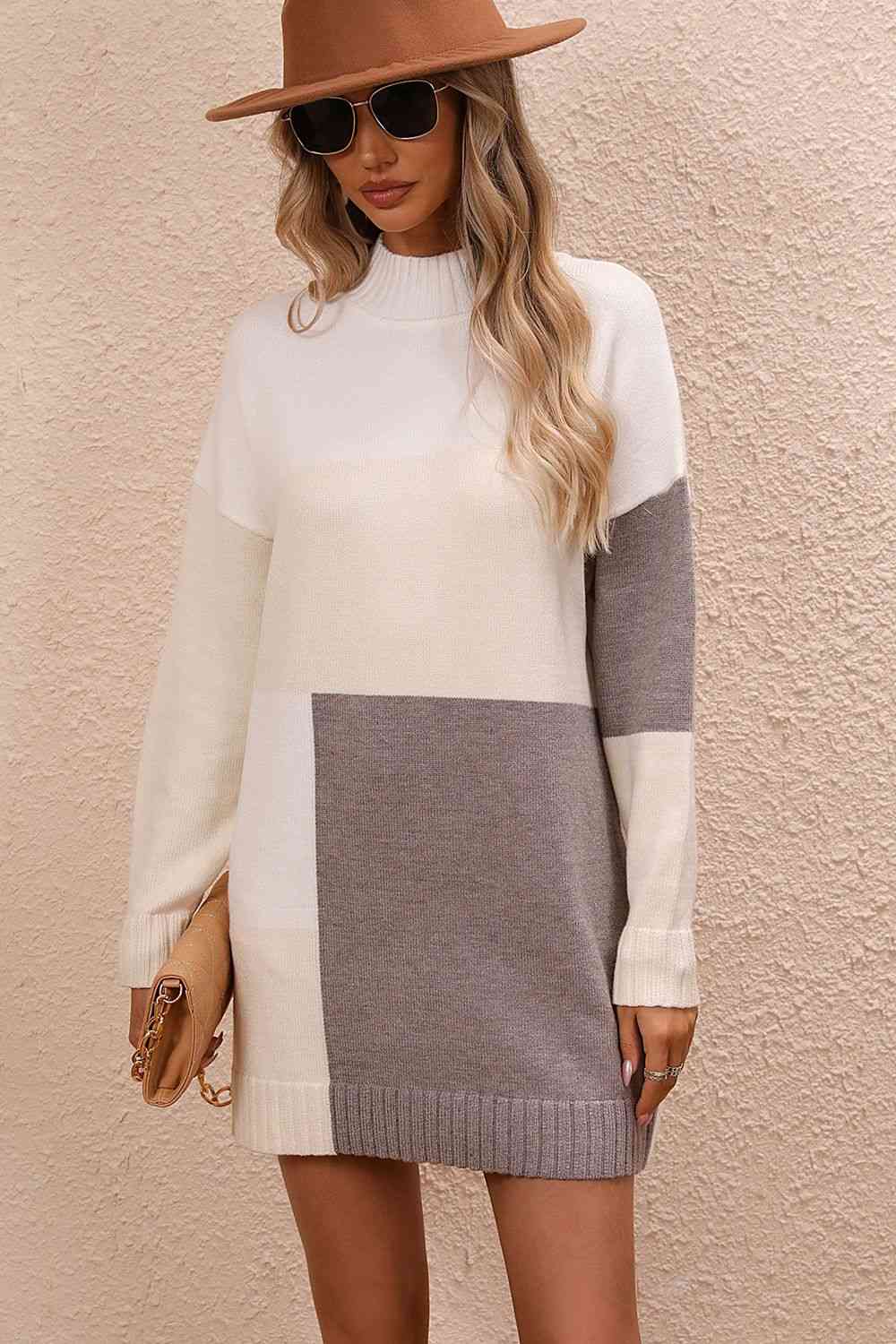 Stilla | Block Mock Neck Drop Shoulder Sweater Dress
