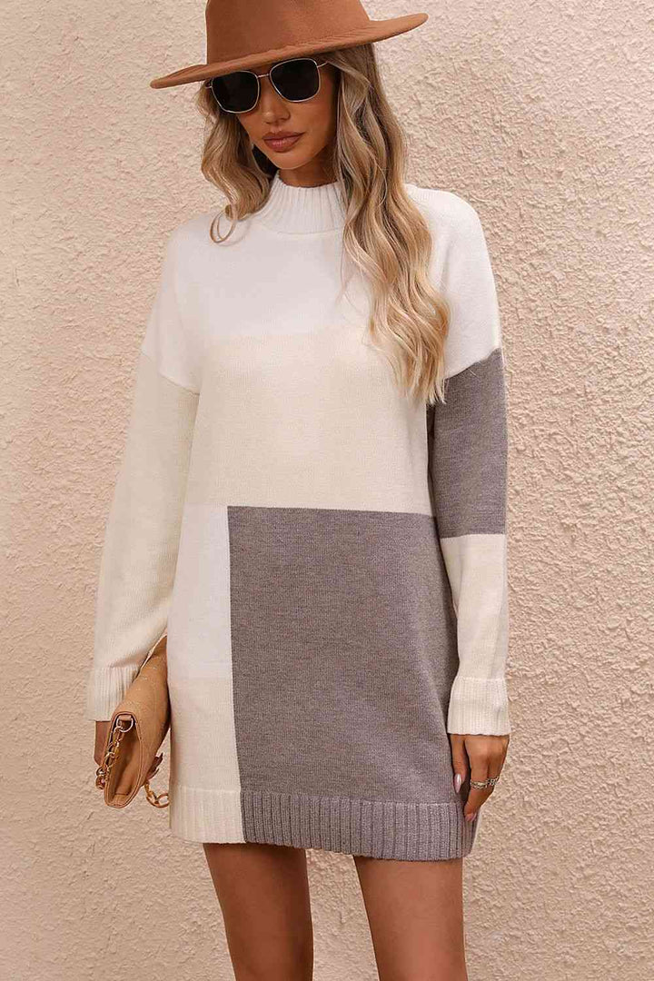 Stilla | Block Mock Neck Drop Shoulder Sweater Dress