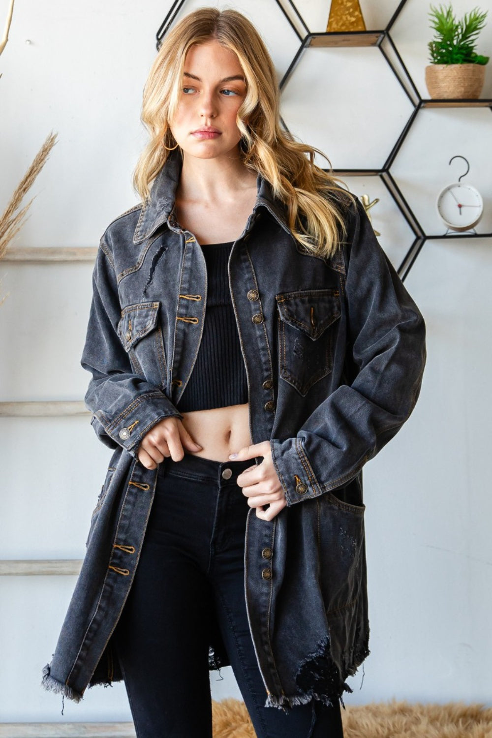 Stilla | Knap Up Distressed Flossede Kant Denim Jakke