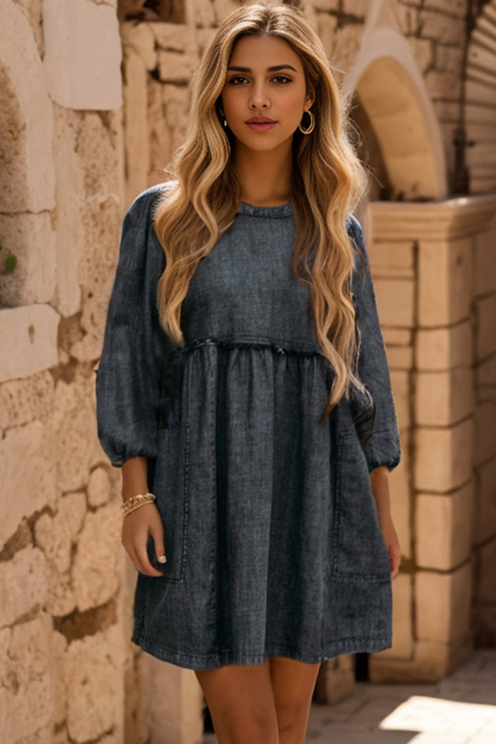 Stilla | Neck Balloon Sleeve Mini Denim Kjole