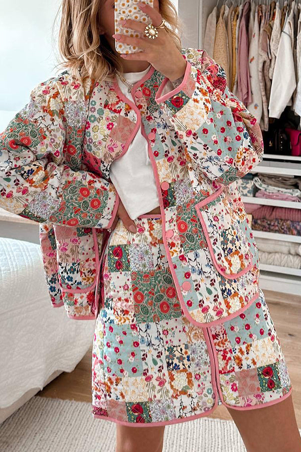 Stilla | Patchwork Blomsterprint Knaplukning Med Lommer Quilted Let Jakke