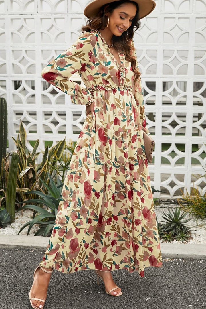 Stilla | Flæse Trim Flounce Ærme Plunge Maxi Kjole