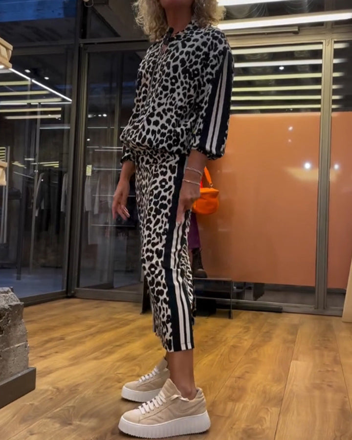 Stilla | Sæt med Stribet Nederdel og Leopardmønster