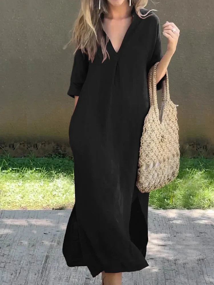 Stilla | Ensfarvet Linnedkjole Med V-udskæring Til Damer, Med Lomme Og V-udskæring