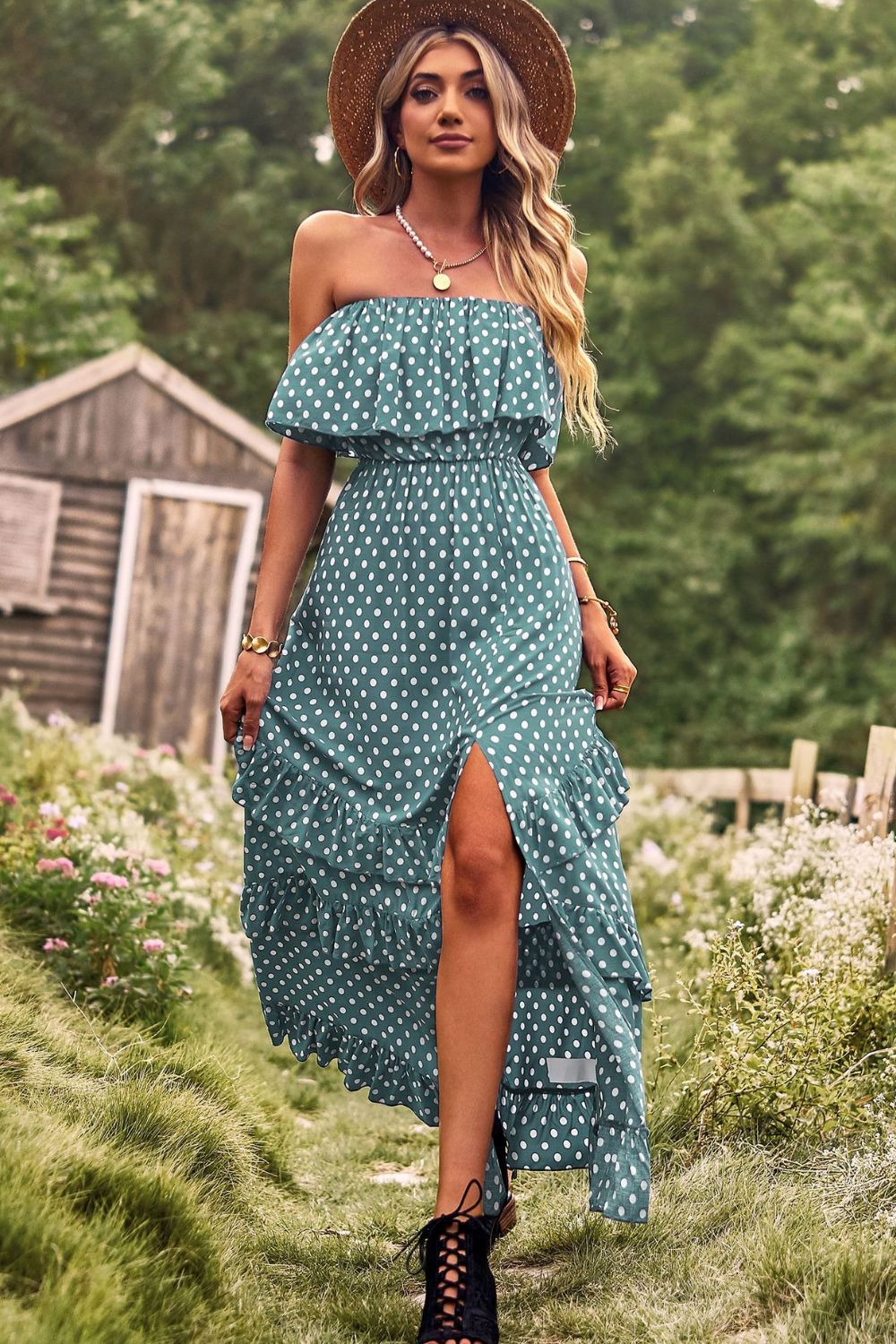 Stilla | Dot Strapless Slidskåret Ruffles Maxi Kjole