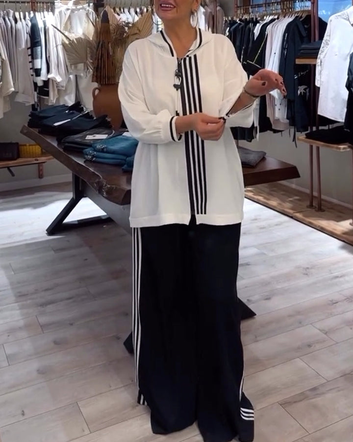 Stilla | Stribet Casual To-delt Sæt med Hætte
