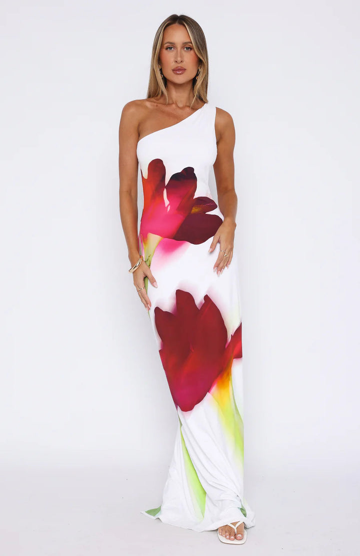Stilla | One Shoulder Blomster Maxikjole Hvid