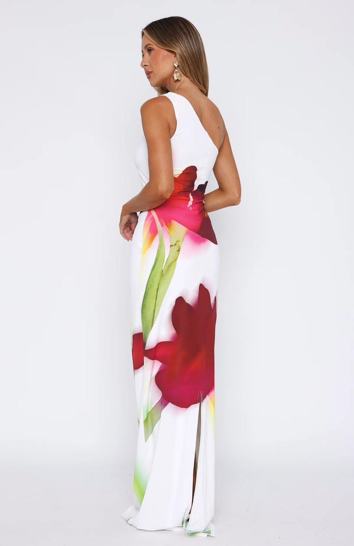 Stilla | One Shoulder Blomster Maxikjole Hvid