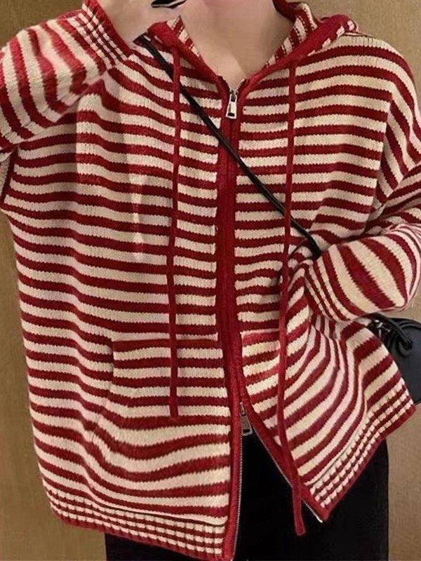 Stilla | Cozy Stribet Hættecardigan med Lynlås