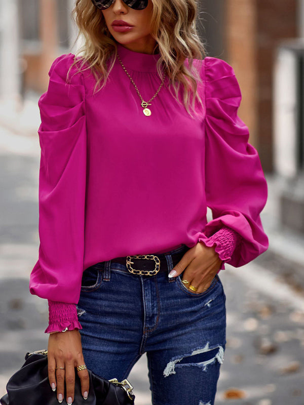 Stilla | Solid Color I Mock Neck Med Smocked Ærme Rynket Langærmet Bluse