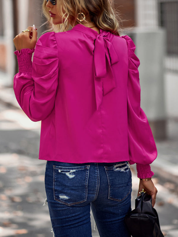Stilla | Solid Color I Mock Neck Med Smocked Ærme Rynket Langærmet Bluse