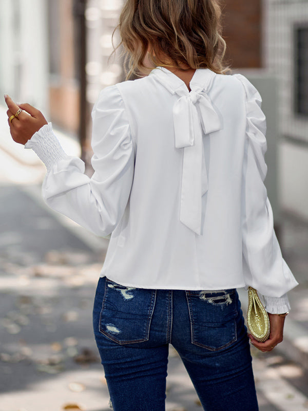 Stilla | Solid Color I Mock Neck Med Smocked Ærme Rynket Langærmet Bluse