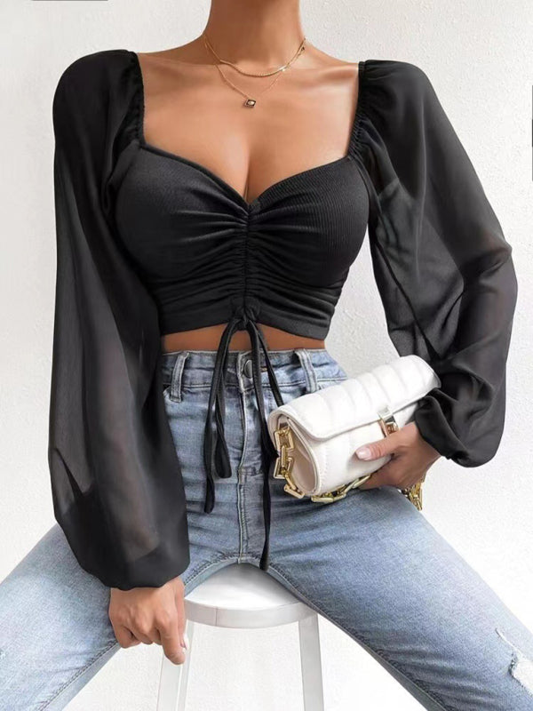 Stilla | Strik Paneled Chiffon Top Feminin Top Europæisk Og Amerikansk