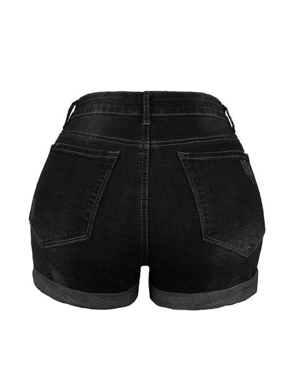 Skovae | Dame Stretch Mellemhøj Denim-Shorts med huller