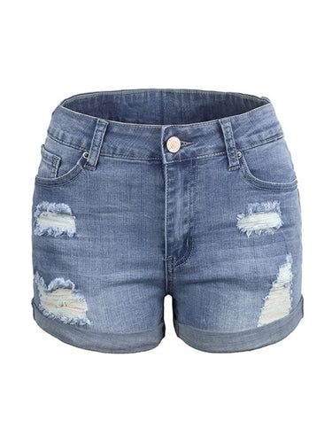 Skovae | Dame Stretch Mellemhøj Denim-Shorts med huller