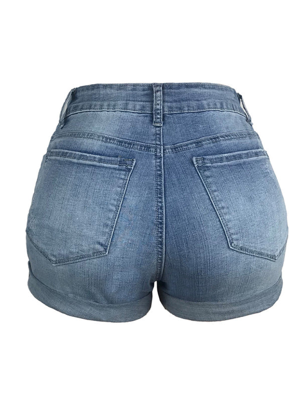 Skovae | Dame Stretch Mellemhøj Denim-Shorts med huller