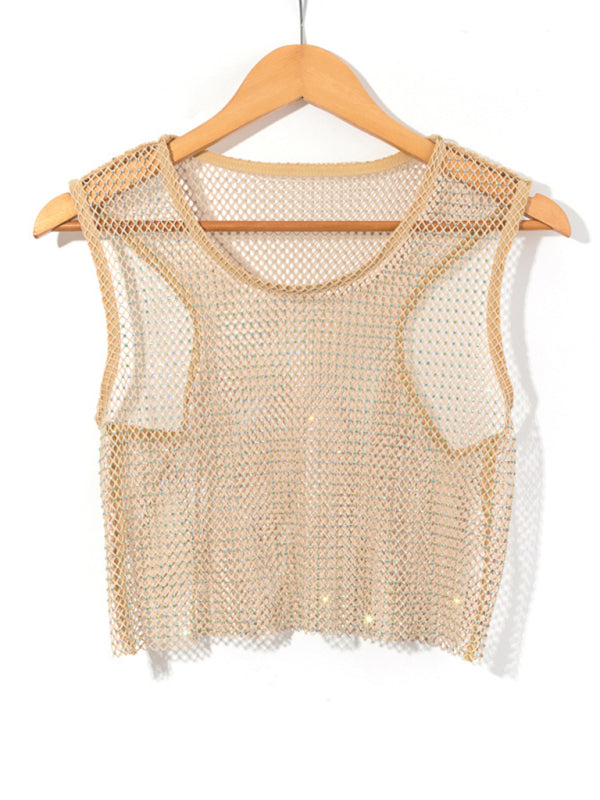 Skovae | Sexy Mesh Blitz Diamant Fiskernets Vest Natklub Perspektiv Hot Girl T-Shirt Top