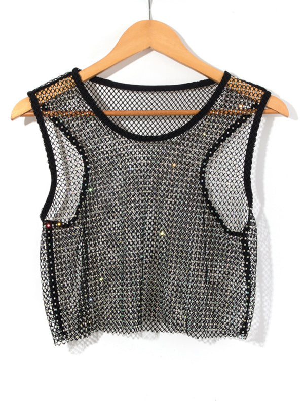Skovae | Sexy Mesh Blitz Diamant Fiskernets Vest Natklub Perspektiv Hot Girl T-Shirt Top