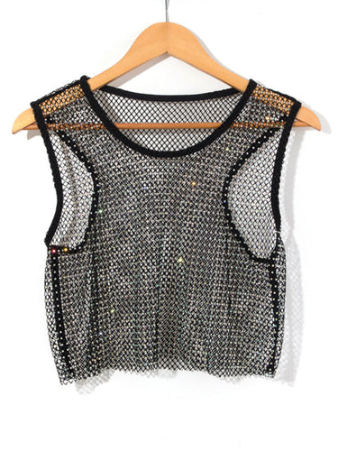 Skovae | Sexy Mesh Blitz Diamant Fiskernets Vest Natklub Perspektiv Hot Girl T-Shirt Top