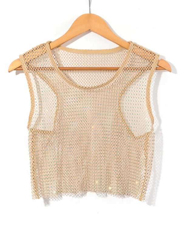 Skovae | Sexy Mesh Blitz Diamant Fiskernets Vest Natklub Perspektiv Hot Girl T-Shirt Top