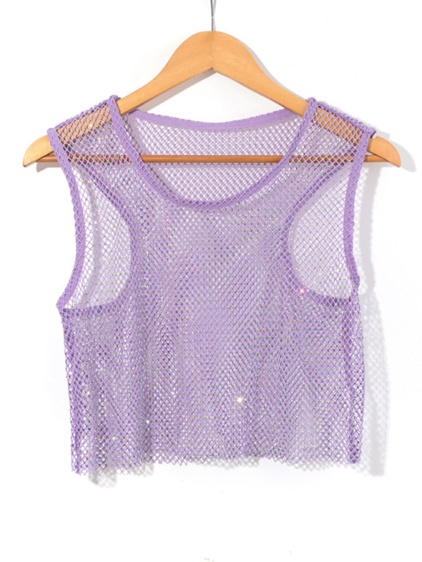 Skovae | Sexy Mesh Blitz Diamant Fiskernets Vest Natklub Perspektiv Hot Girl T-Shirt Top